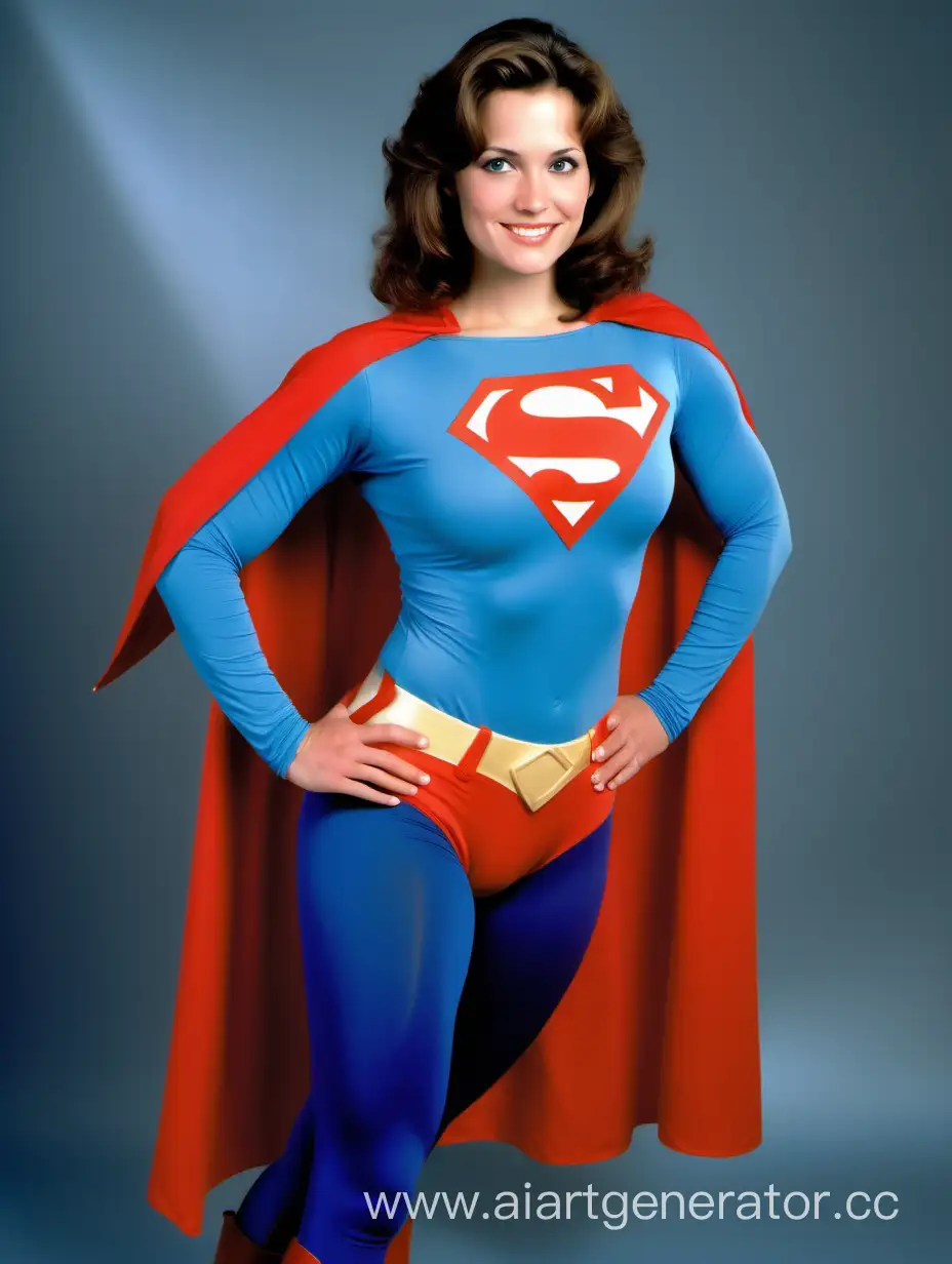 A beautiful woman with brown hair, age 35, She is happy and muscular. She is wearing a Superman costume with (blue leggings), (long blue sleeves), red briefs, and a long cape. Her costume is made of very soft cotton fabric. The symbol on her chest has no black outlines. She is posed like a superhero, strong and powerful. In the style of a 1980s movie.