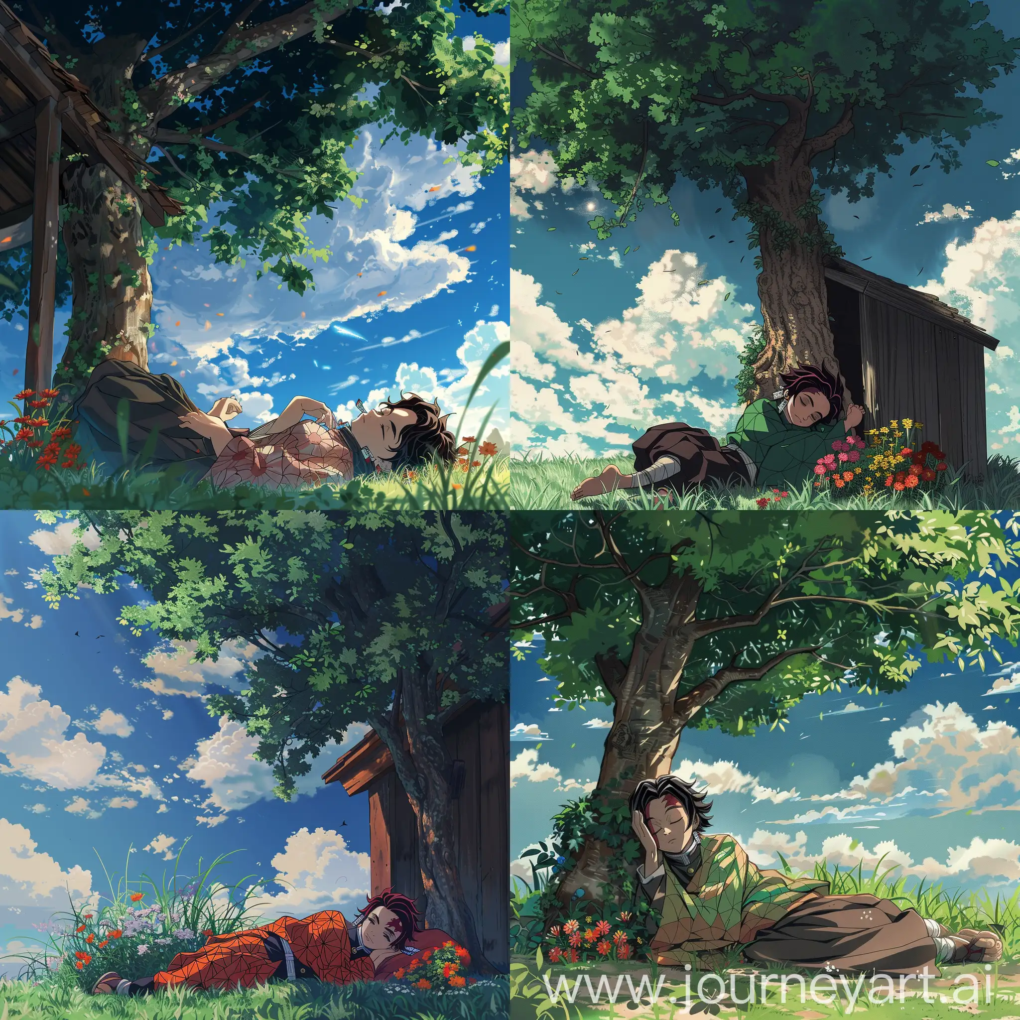 beautiful anime image,makato shinkai style,Inosuke form the anime demon slayer resting under a shed of a tree, a little bit of grass,some vibrant flower alongside the tree,beautiful sky,with fluffy long clouds,beautiful summers,avoid distorted view of inosuke,avoid missing fingers,distorted body of inosuke,avoid bad body view,inosuke should look like inosuke inspired from the anime demon slayer,avoid bad composition,avoid misplacing.