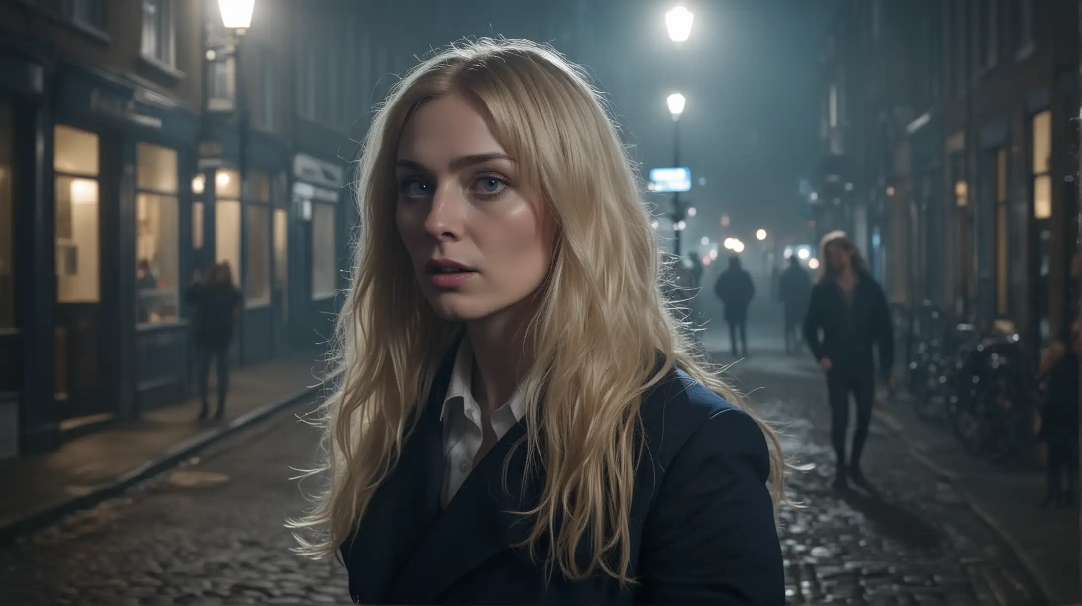 Create a cinematic image of a middle aged man face in the shadows talking to an 18 girl is standing seductively on a foggy deserted street corner at night in old London. Wearing a Long Blond hair wig, blue eyes, cherub face. Provocatively dressed, flicking a cigarette to the ground, looks like Jessica Barden  Atmosphere is a sense of eerie mystery. Photo realistic. 