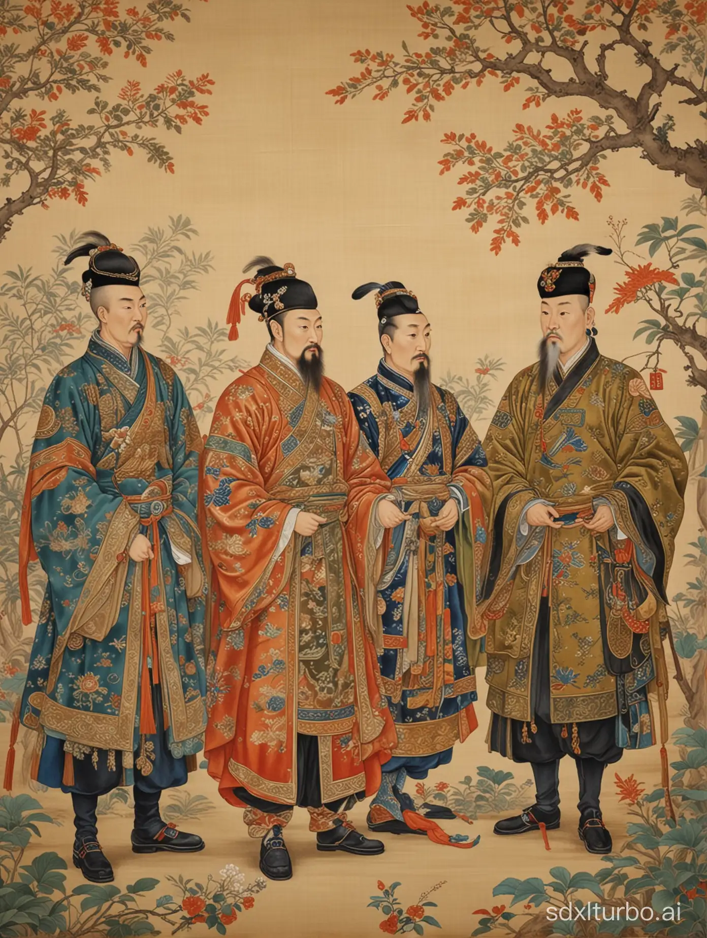 a close-up of a painting depicting five military commanders and a lad,and a cornucopia,chinese mythology,oriental art style,ming dynasty painting,oriental art style,brocade robe,