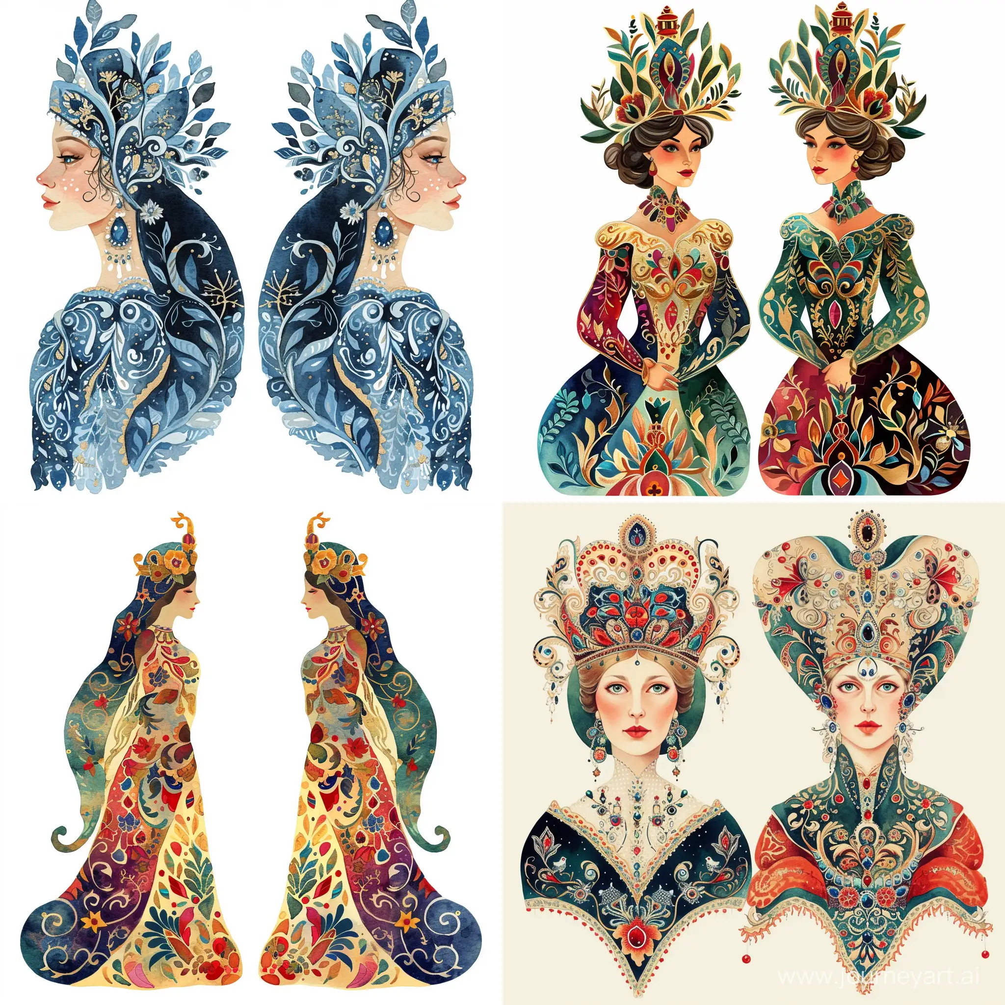 two variants of the ornament of the Russian Queen, a women, with the ability to reflect vertically, decoratively, watercolor, flat illustration