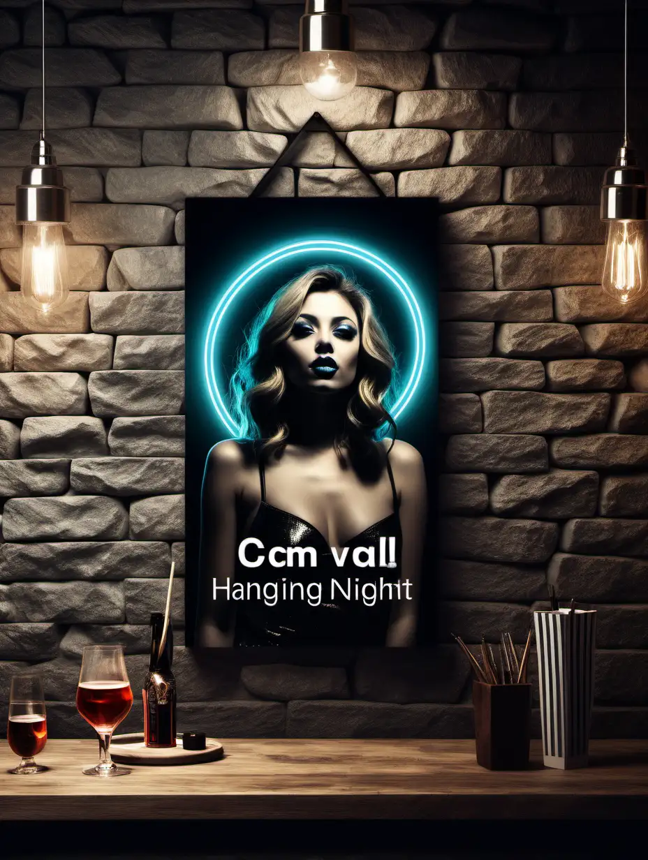 A 3:4 ratio Canvas hanging on a stone wall in a night club template
