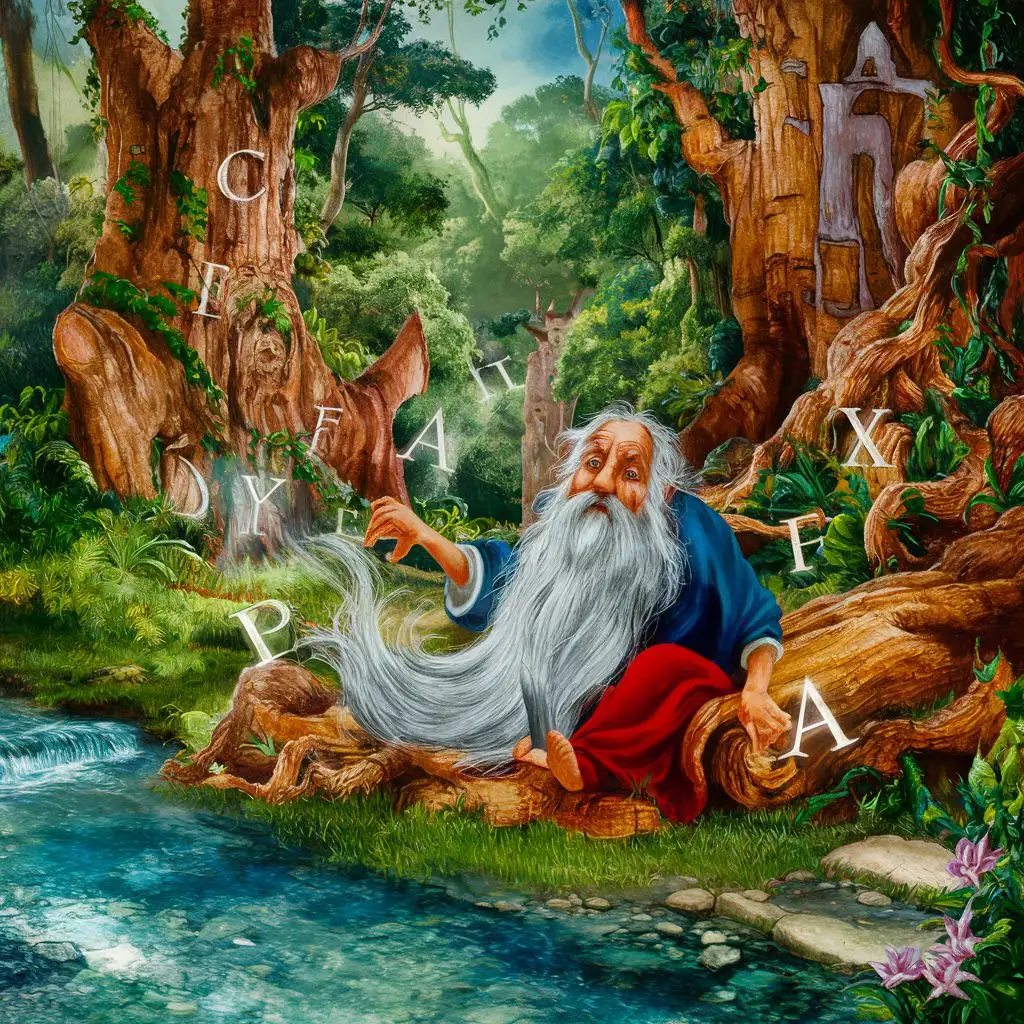 In the dense forest where the river flows,
There lived a wise old man who knows the ages.
The alphabet lived with him, marvelous, lively,
49 letters, hiding secrets in itself.