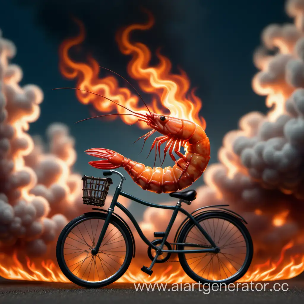 Camarón realista en llamas en el cielo en bicicleta