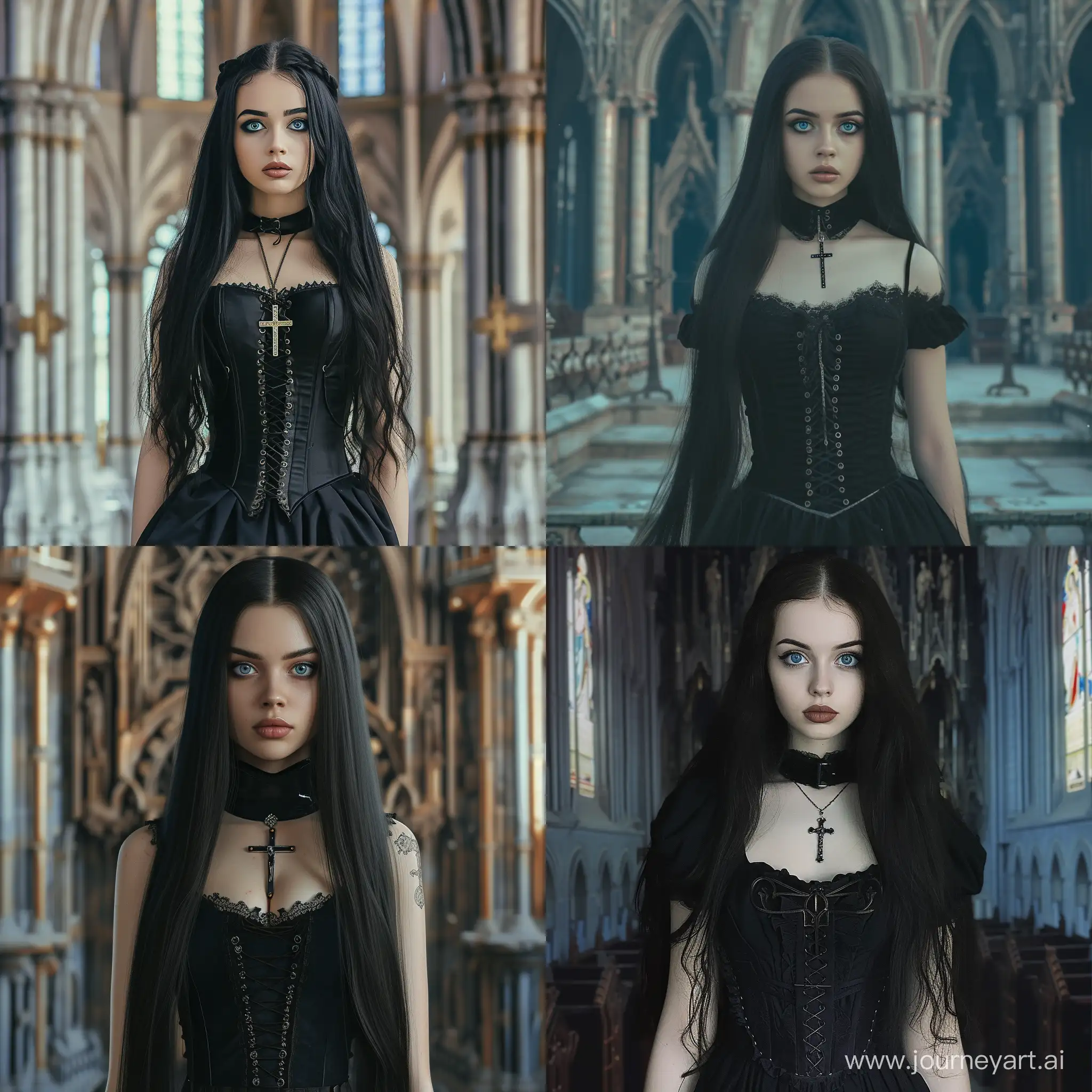 a young woman with long black hair blue eyes thick eyebrow wearing a black dress with a corset at the waist and a crucifix necklace in front of a gothic style Catholic church