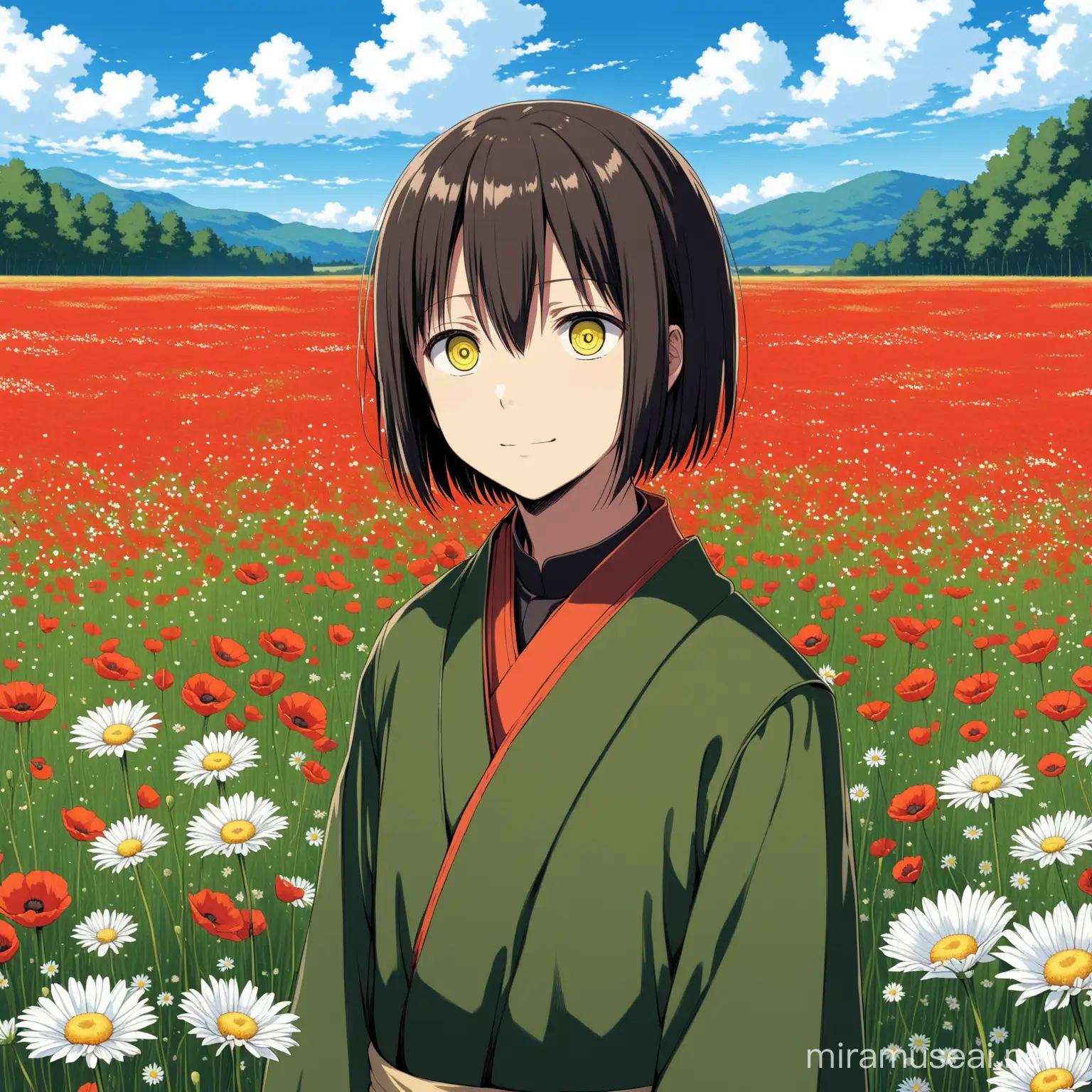 Нагато Удзумаки с печальной улыбкой смотрит в небо. Он стоит в поле, где есть ромашки, маки, лилии
