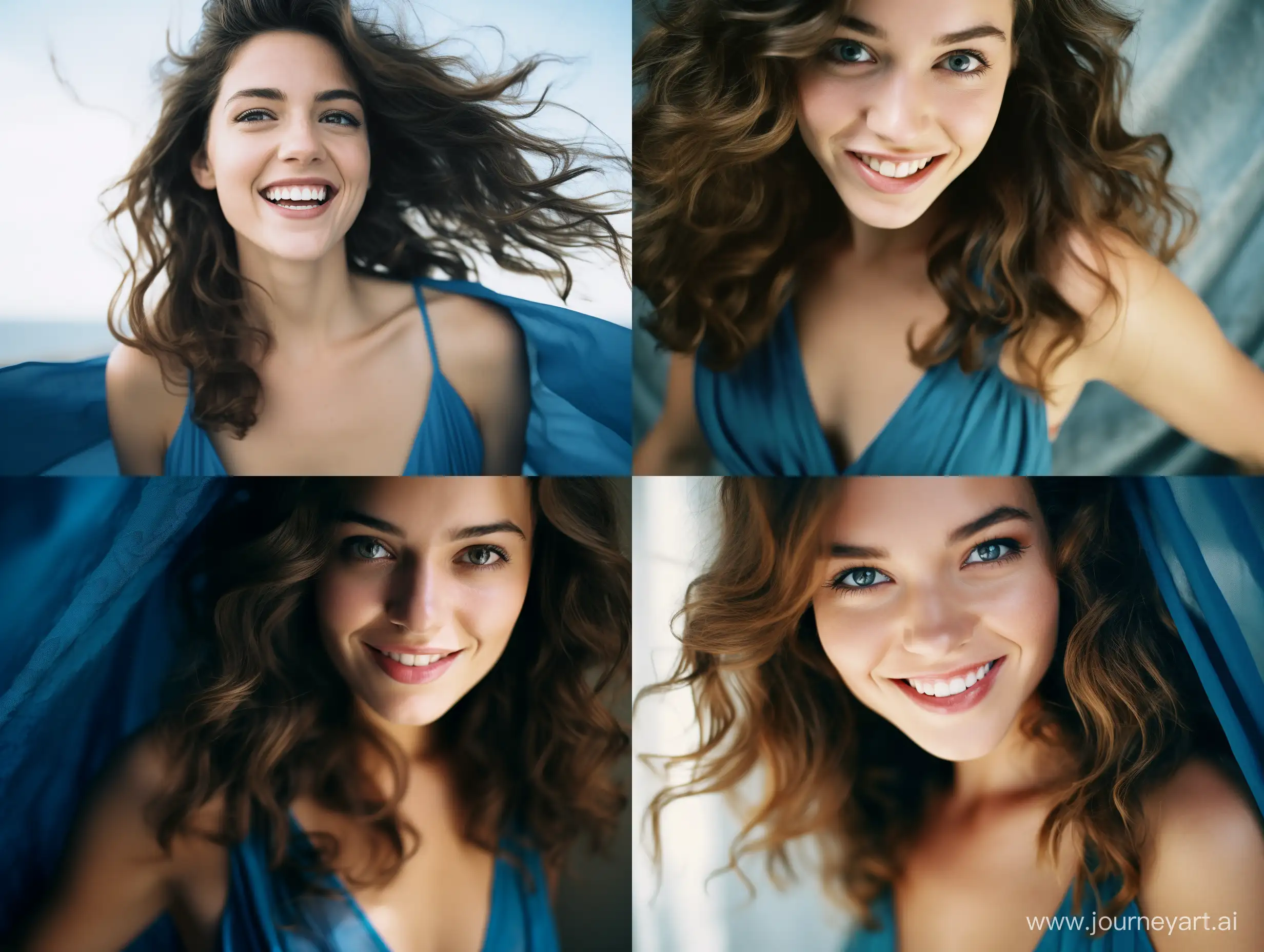 analog photo, closeup three-quarters pose, 25 year old caucasian woman with wavy brown hair and wearing a blue dress, focus on her eyes. She is smiling because she have just tried contact lenses and surprised how crisp and clear the world is.