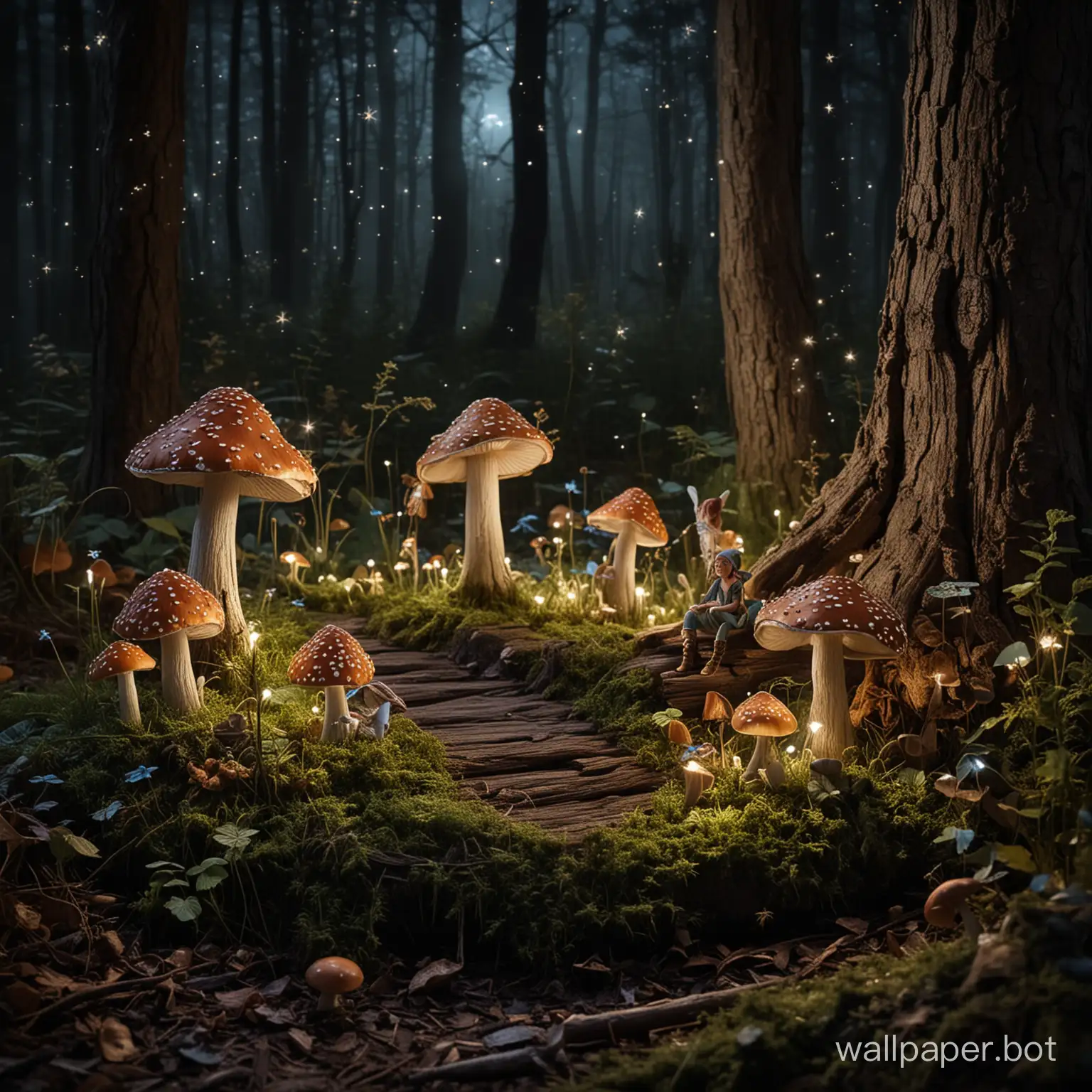 fairy wood with mushrooms and elves, night ambience, little stars