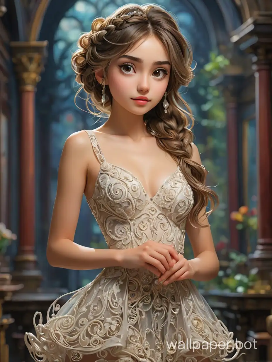 beautiful look of young girl, thin body, thin waist, (((портрет в полный рост))), thin face,(( transparent dress, sheer dress)),  tiny nose, detailed dress, long legs, short skirt, three breasts, detailed hair, big eyes, hair up, braided hair, face illumined, face detailed, high texture fantasy background with colour splashes, 8k resolution, watercolor, Konstantin Razumov and Volegov and Boris Vallejo style, wet-on-wet and splash techniques, ((style: quilling paper))