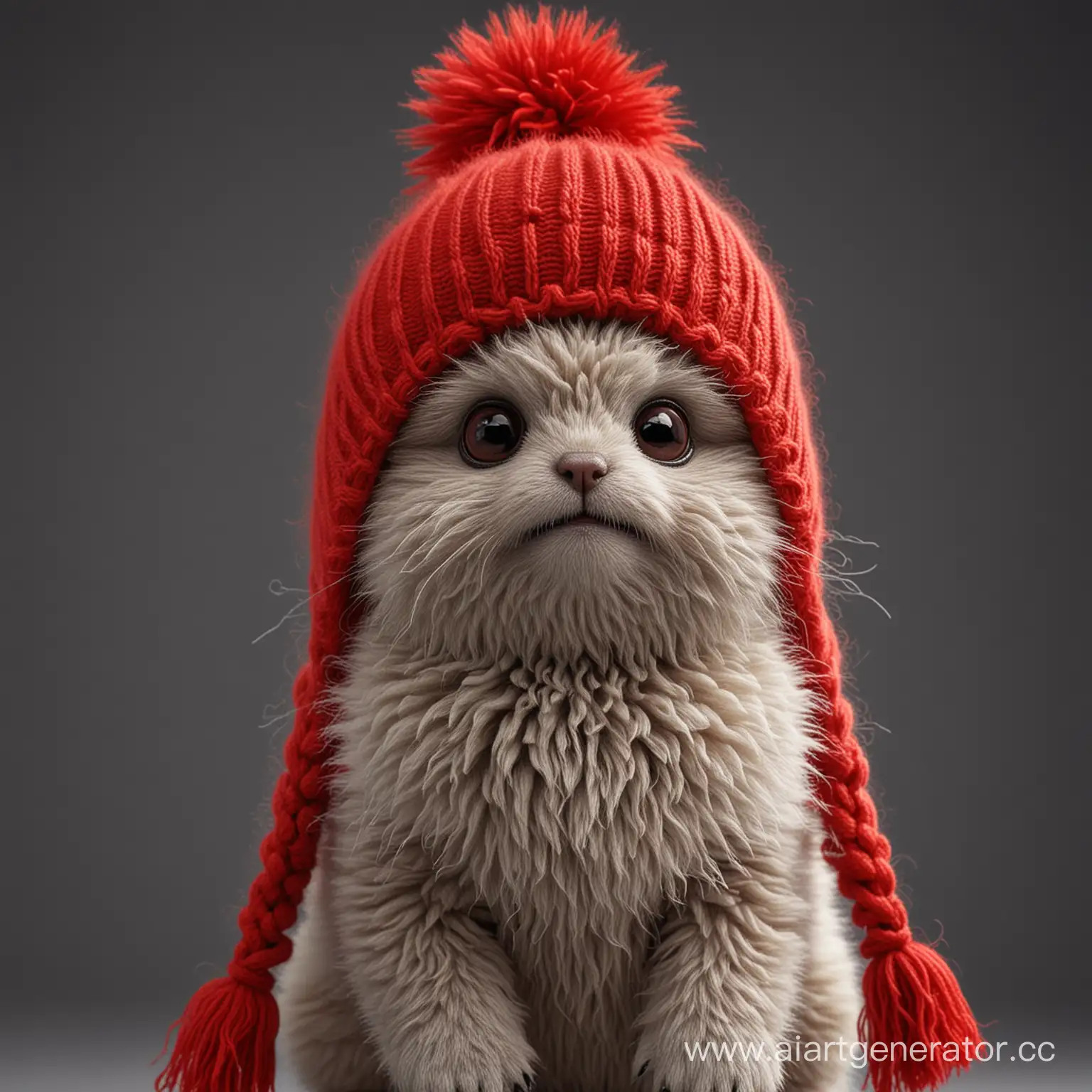 a small, cute, creepy funny, fluffy creature, in a red knitted hat, clous-up, 4k, high detail, high resolution, vivid details, professional photo.
