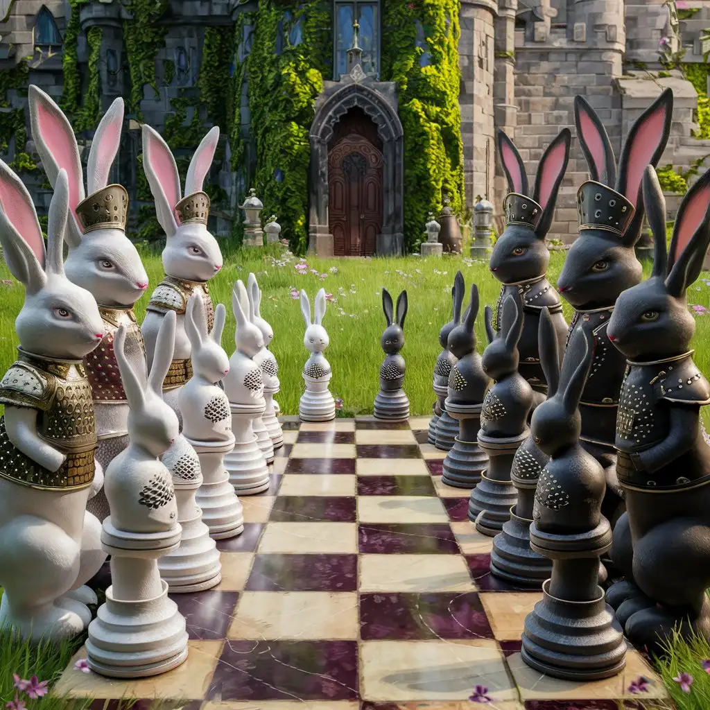A chess board where all the pieces are rabbits