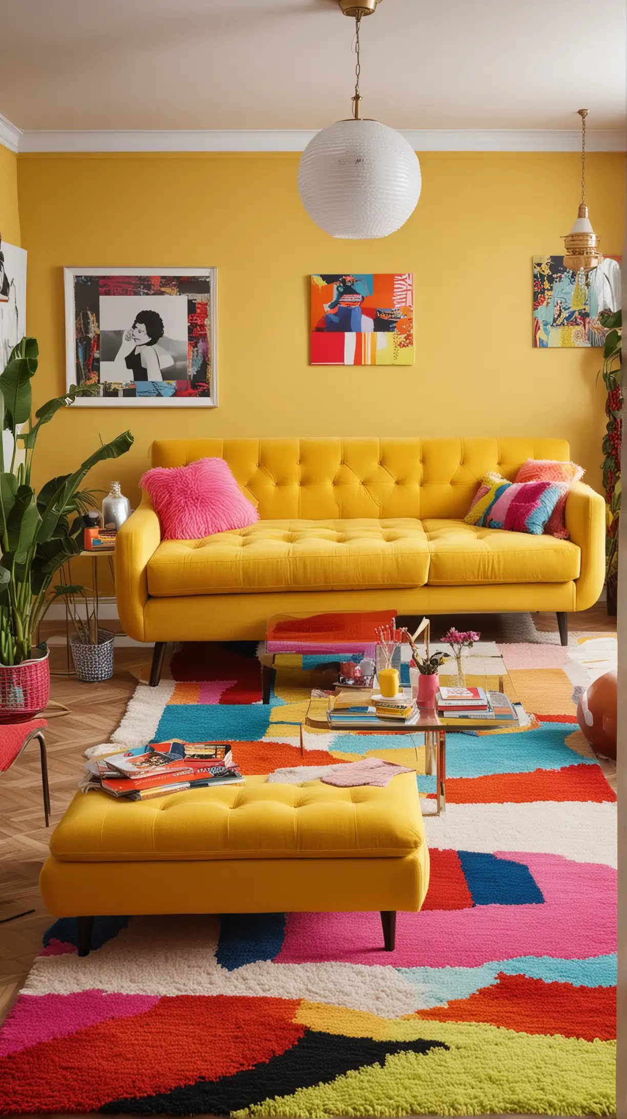 A retro-inspired living room with a bright yellow couch, colorful pop art, shag rugs, and funky lighting. Capture a vibrant, nostalgic atmosphere.