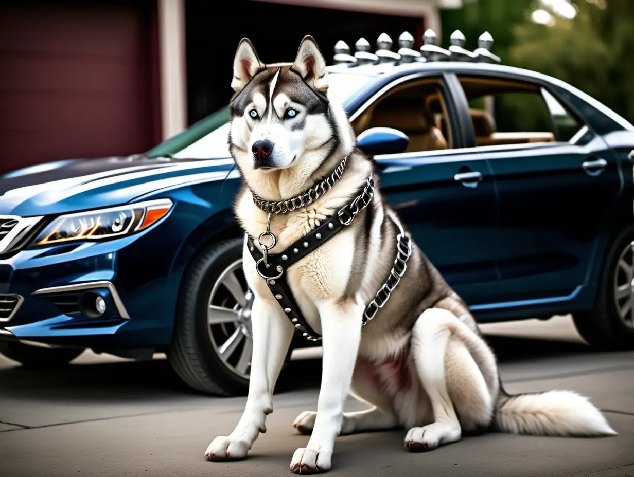 9 foot tall husky breed dog sitting by a car. beautiful eyes. spiked dog collar. muscular build. very intricately and microscopically detailed. highlighting the giant size of the dog and the small car. emphasizing the size difference. The key accessory is the husky.