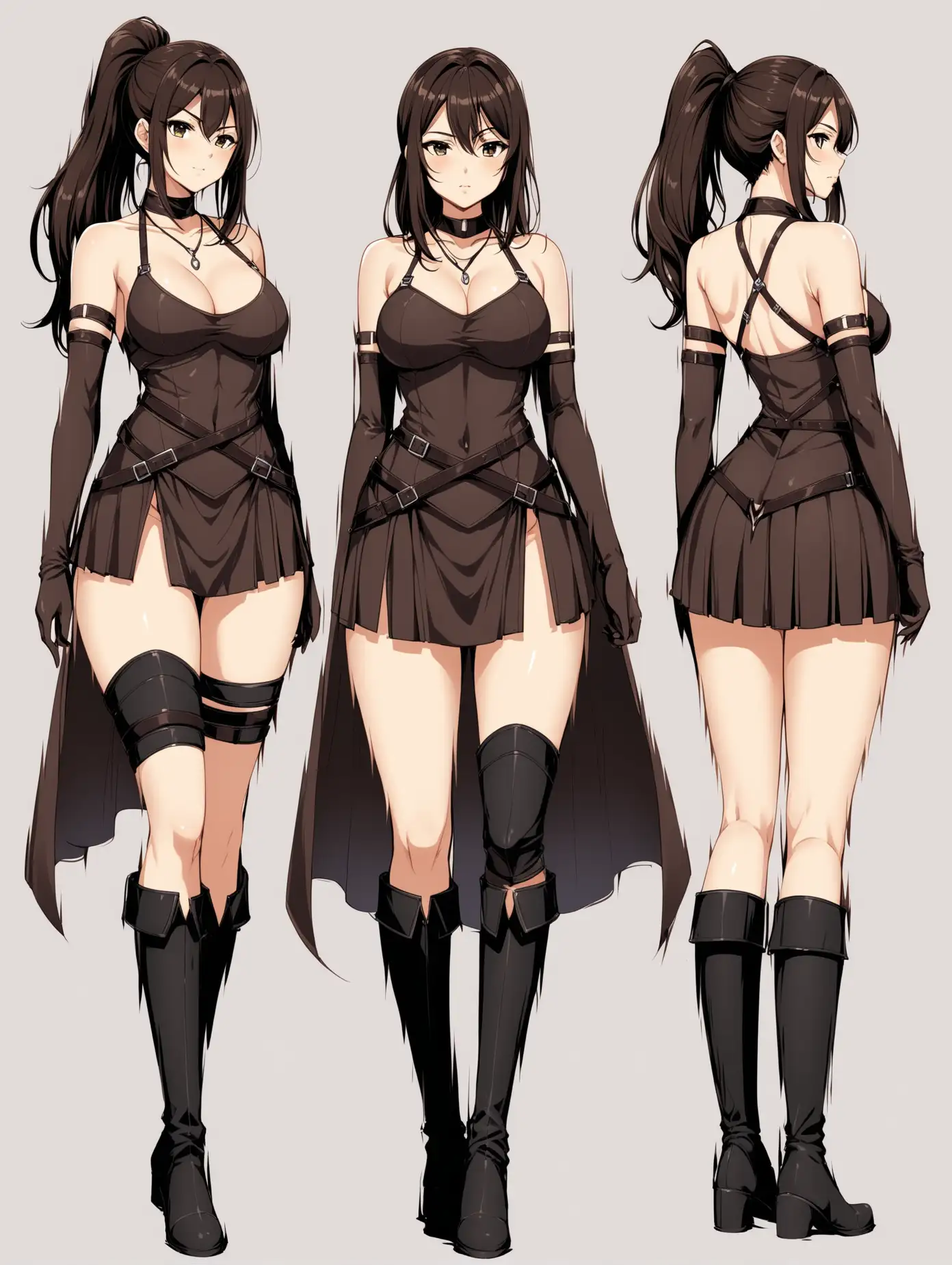 Full body picture of a sensual anime girl, age 25, long body height, breasts size D, large hips, wavy brunette hair, bangs, medium hair length, ponytail, huntress outfit, open 2 sides skirt, knee high boots, one side leg band, necklaces, long elbow gloves, 2 poses with front and rear view