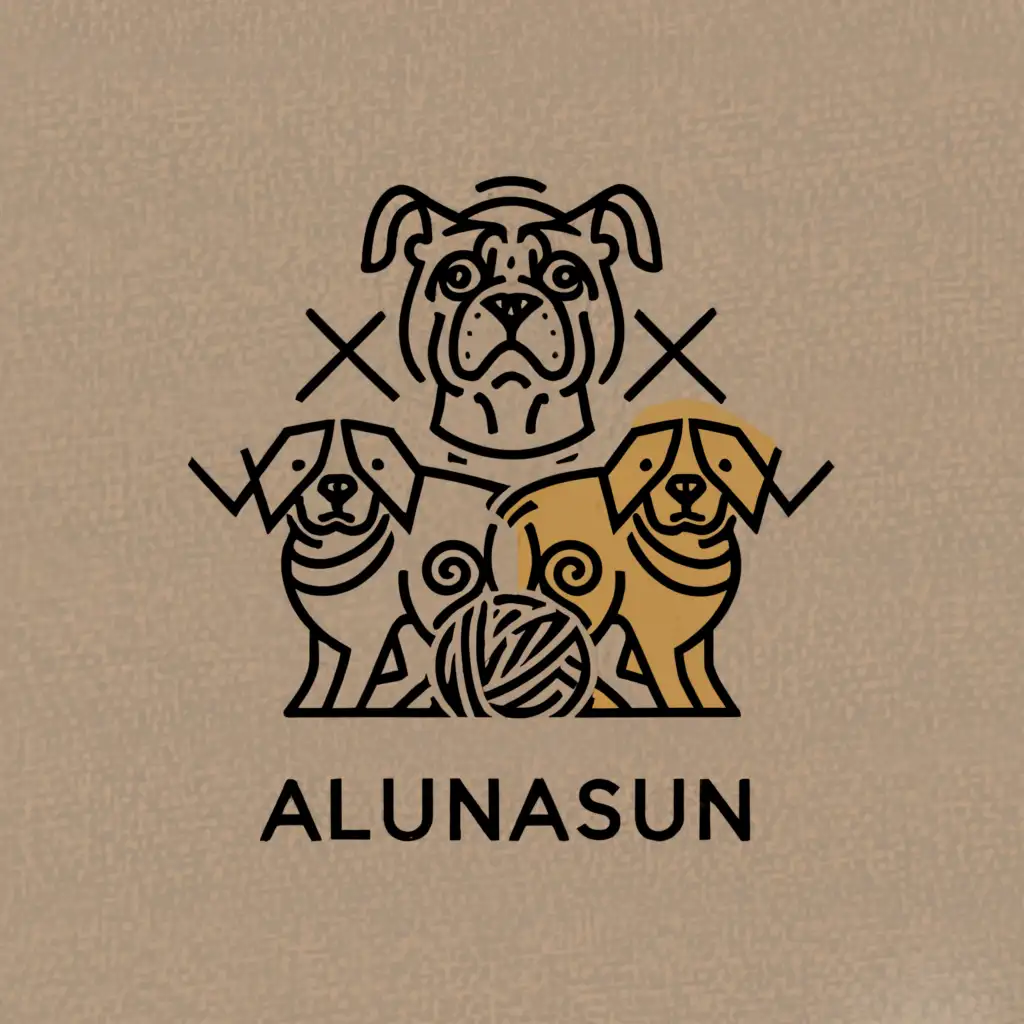 a logo design,with the text "AlunaSun", main symbol:belgian malinois
pug
yarn
,complex,clear background