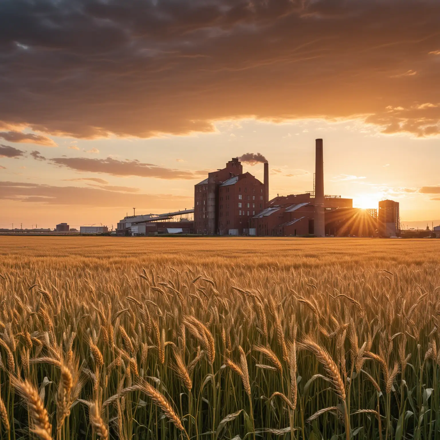 Sunset Over Windy Wheat Field with Old Factory