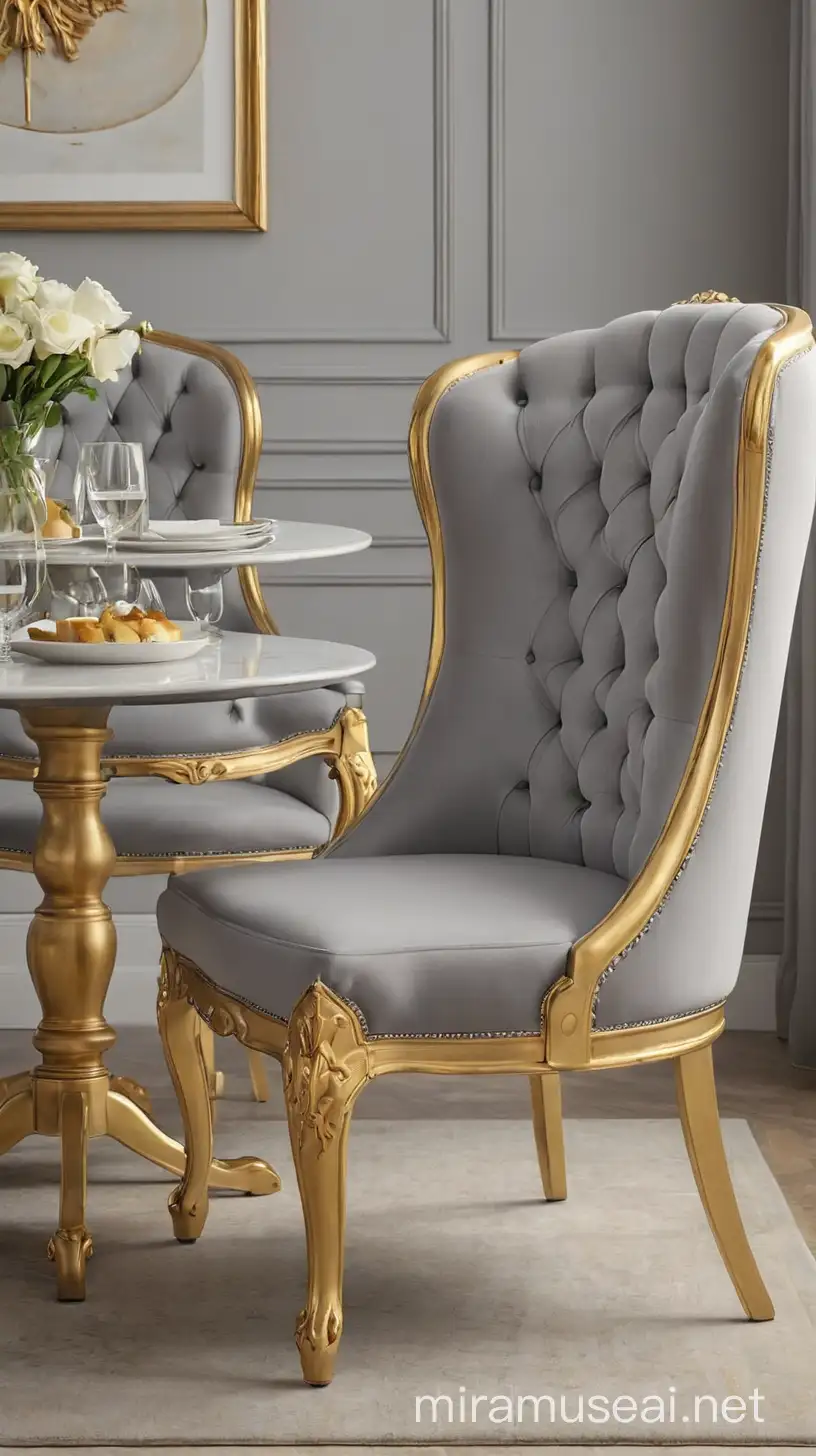 a comfortable  gry dining chair ith golden decors
, viewed fom three angles