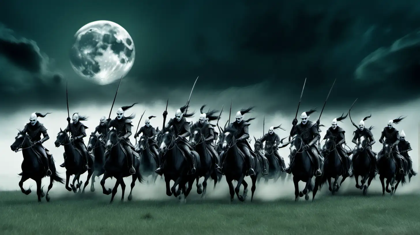 cinematic composition, ghostly, massed mounted riders charging on grassy plain , side view::4, dark elves, moon behind clouds, --s 25 --v5 --ar 16-9 --seed 8642396