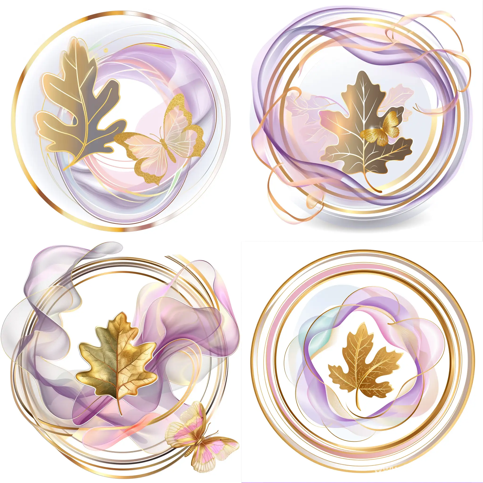 логотип круглый в прозрачном кольце, внутри прозрачные и полупрозрачные волновые мазки сиреневого, розового, золотого цвета, внутри  листик дуба и бабочка золотая с прозрачными сиреневыми крылышками