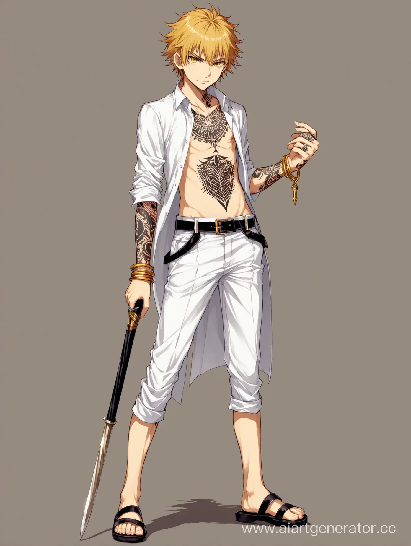 Toaru Majutsu no Index, Aiwass, young handsome teenage boy, with long golden hair, bright golden eyes,a male vampire in, dagger in his belt and shoes crossed, cane, holding cane, solo, tattoo, 1boy, male focus, sandals, arm tattoo, bracelet, full-body tattoo, jewelry