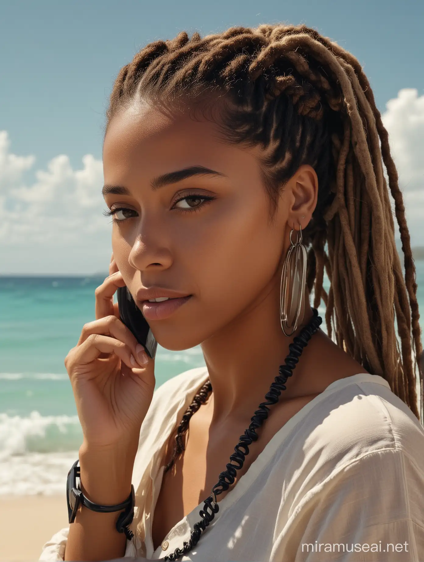 A 4K, real professionally done Hyperdetailed  photo of stylish beautiful carribean woman with ponytail dreadlocks, using a old school flip phone, in the style of light brown and dark black, fashwave, mesoamerican influences, carribean shore background, Professional lighting, candid celebrity shots, uhd image, body extensions, natural beauty --ar 69:128 --s 750 --v 5. 2