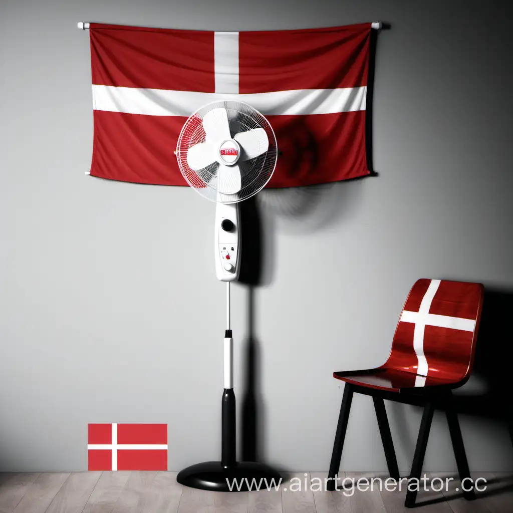 Big electric stand fan with  many Danish flags around this fan and another flag of Denmark on the wall