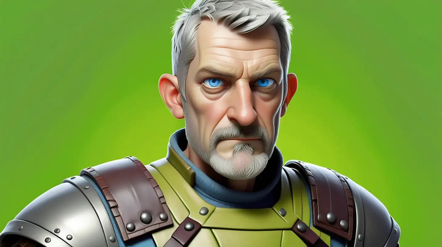 white middle aged man smuggler with very short grey hair and a very short grey beard, blue eyes, with no other people in the image, wearing leather armor with no sleeves, with a solid lime green screen background