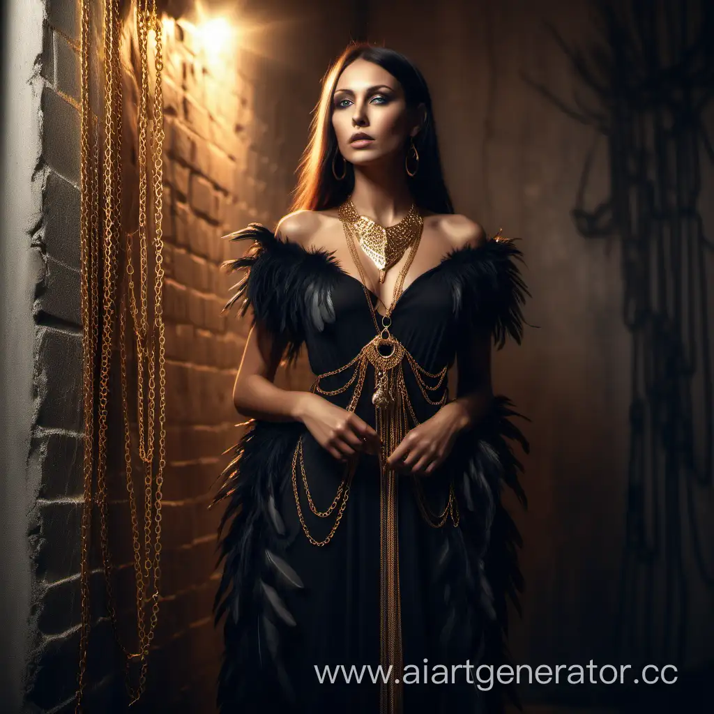 Mysterious-Fashion-Portrait-Enigmatic-Model-in-Golden-Adornments-with-Black-Doberman