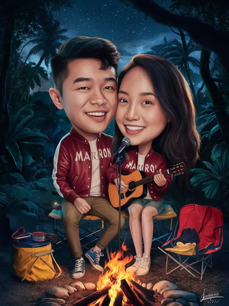 A realistic photo of a 25-year-old Indonesian couple, husband and wife (wife wearing a hijab), wearing casual jackets with the text 'MARRON', sneakers, standing affectionately in the middle of a tropical forest with complete camping gear and a blazing campfire, dramatic effect, highly detailed caricature, very realistic photo, with a night setting and visible stars, the husband sitting holding a guitar and the wife holding a microphone.