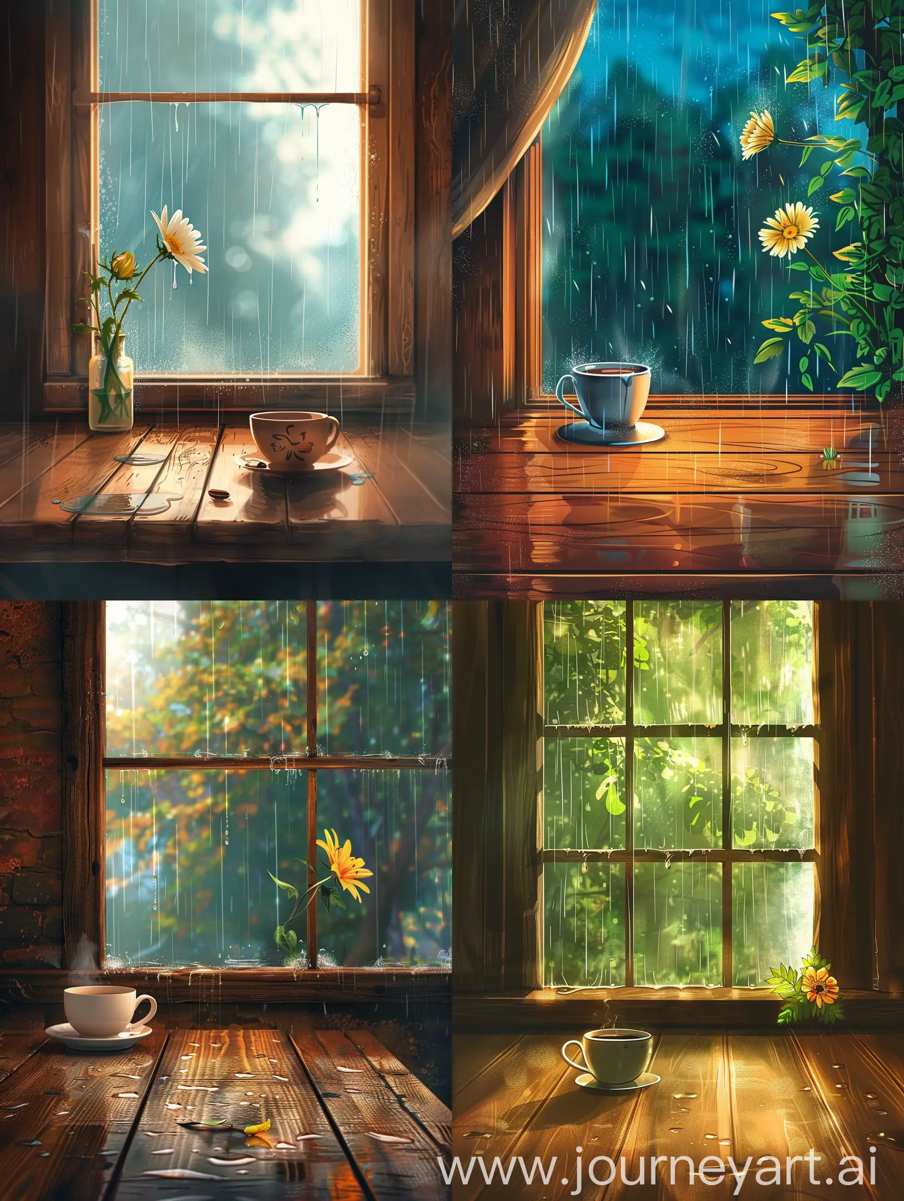 Window, wooden table, rain, flower, coffee cup, anime style.