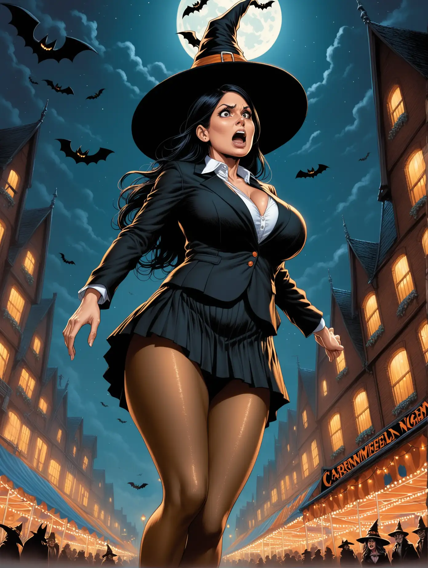 Voluptuous,  Mature Priti Patel, short pleated black skirt shrinking suit, wide stance at carnival[Highly Detailed] Bernie Wrightson art style, below angle, witch hat, pantyhose, halloween night, realistic, skirt lifting up, looking down in embarrassment, shoes falling,  barefoot 