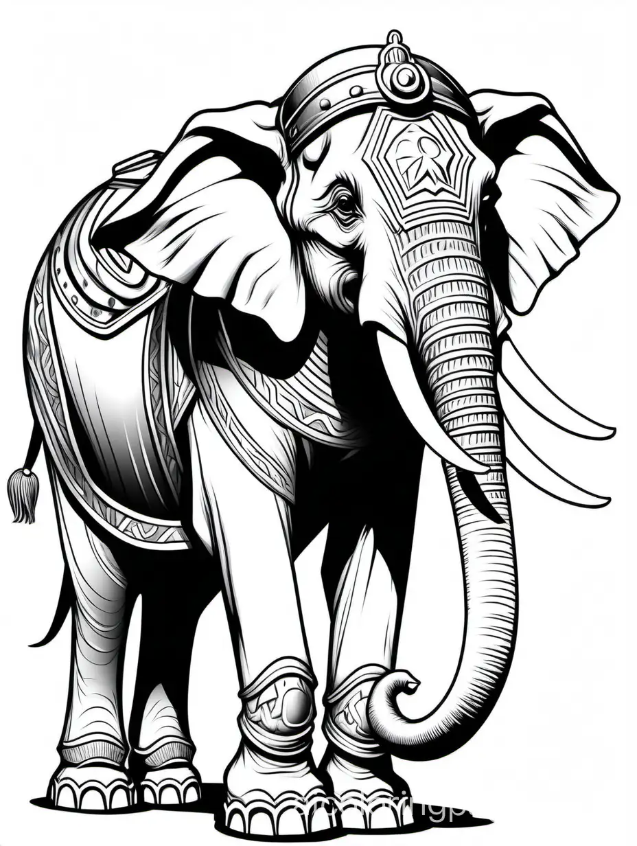  war elephant , Coloring Page, black and white, line art, white background, Simplicity, Ample White Space. The background of the coloring page is plain white to make it easy for young children to color within the lines. The outlines of all the subjects are easy to distinguish, making it simple for kids to color without too much difficulty