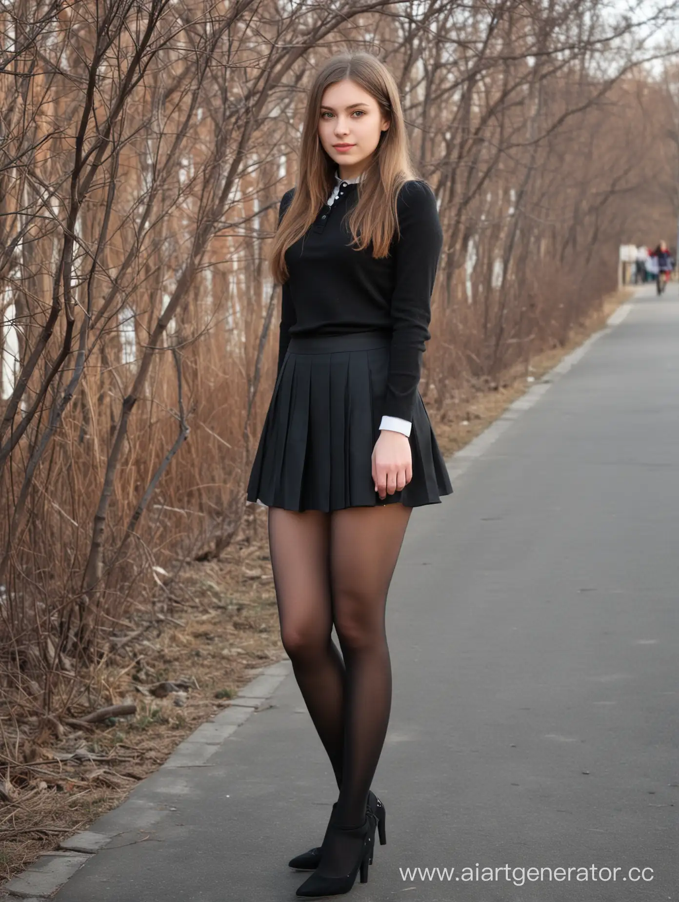 русская школьница, ранняя весна, короткая юбка, черные колготки, каблуки, элегантная