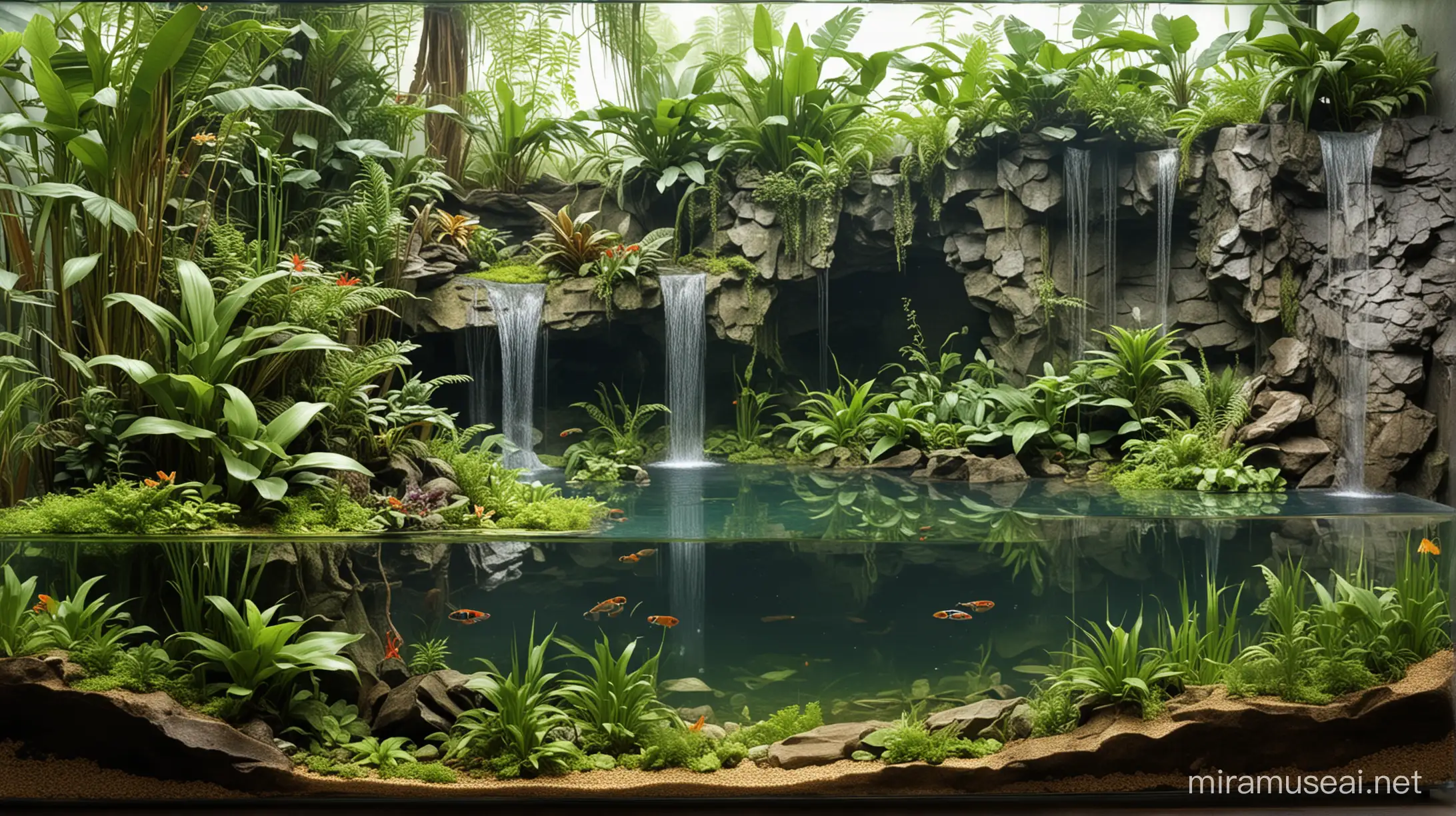 Tropical snake paludarium with high cliff waterfall and lake-side.