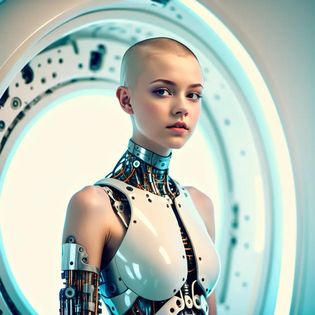 beautiful teenage girl with a shaved head. Her body is robotic and feminine.  she is in a brightly lit space age room.
