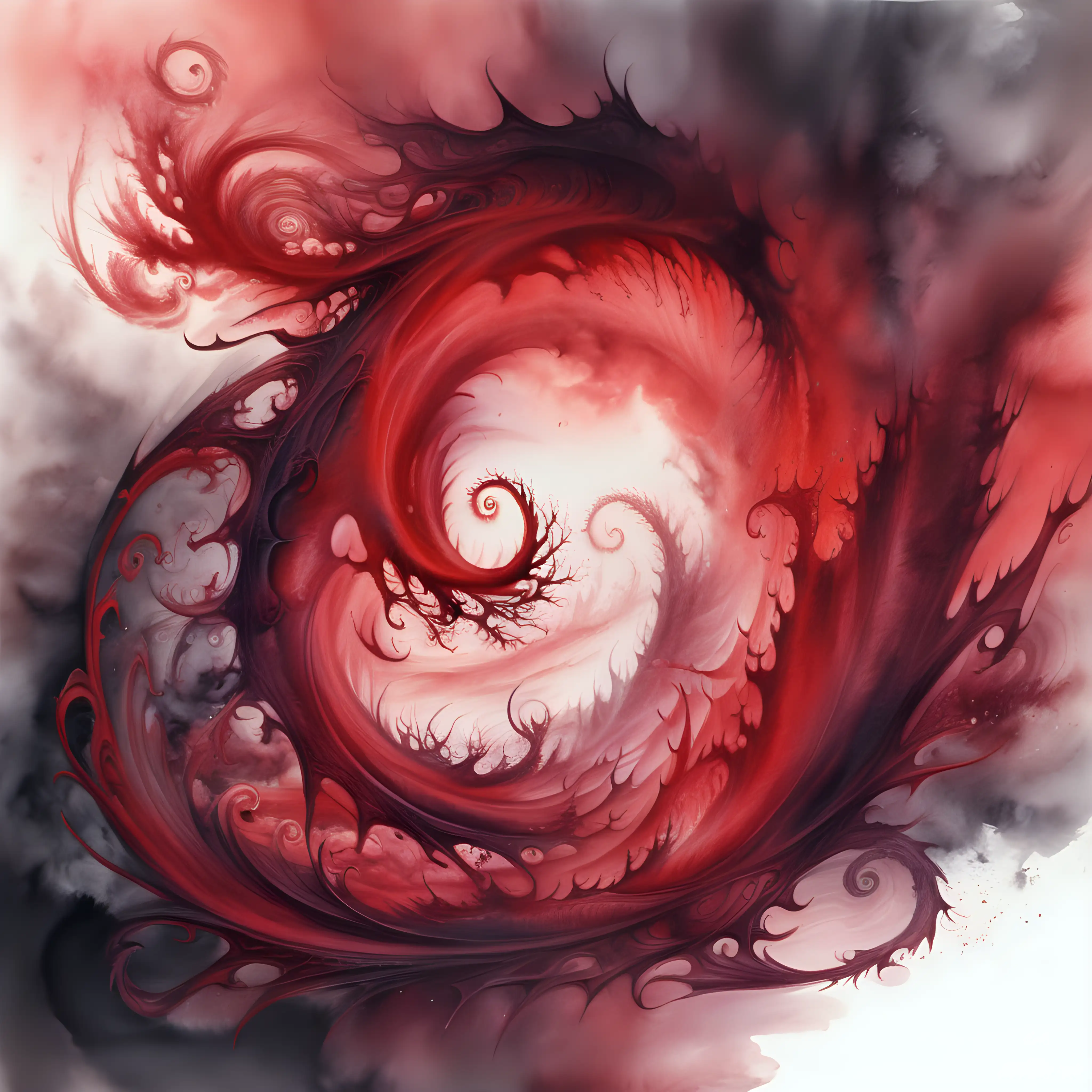 fantasy vampiric swirl of red mist, dark watercolor drawing, no background