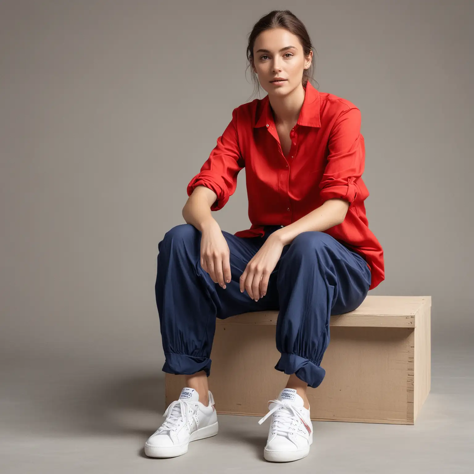 Crea una Mujer, Ella esta vistiendo una camisa azul, un pantalon ancho de tela rojo, con tenis blancos, ella esta sentada.