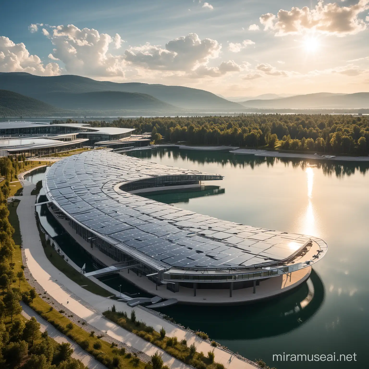 a complete futuristic solar roof on a conference building overlooking a lake 


