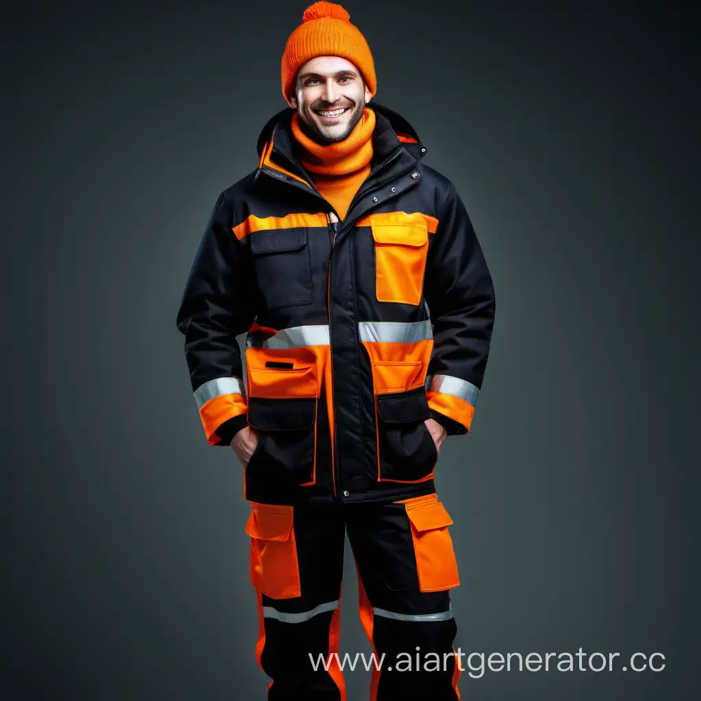 beautiful workwear man smile winter black orange front view full length