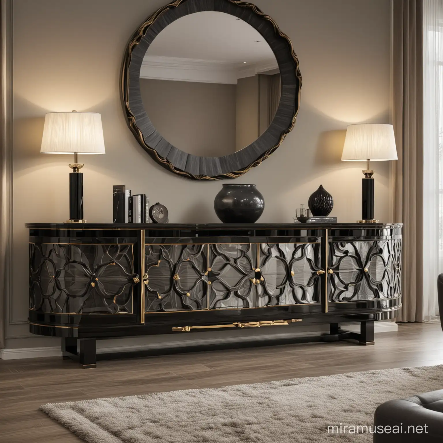 Luxury Oval Living Room Furniture Set with Black Sideboards and TV Tables
