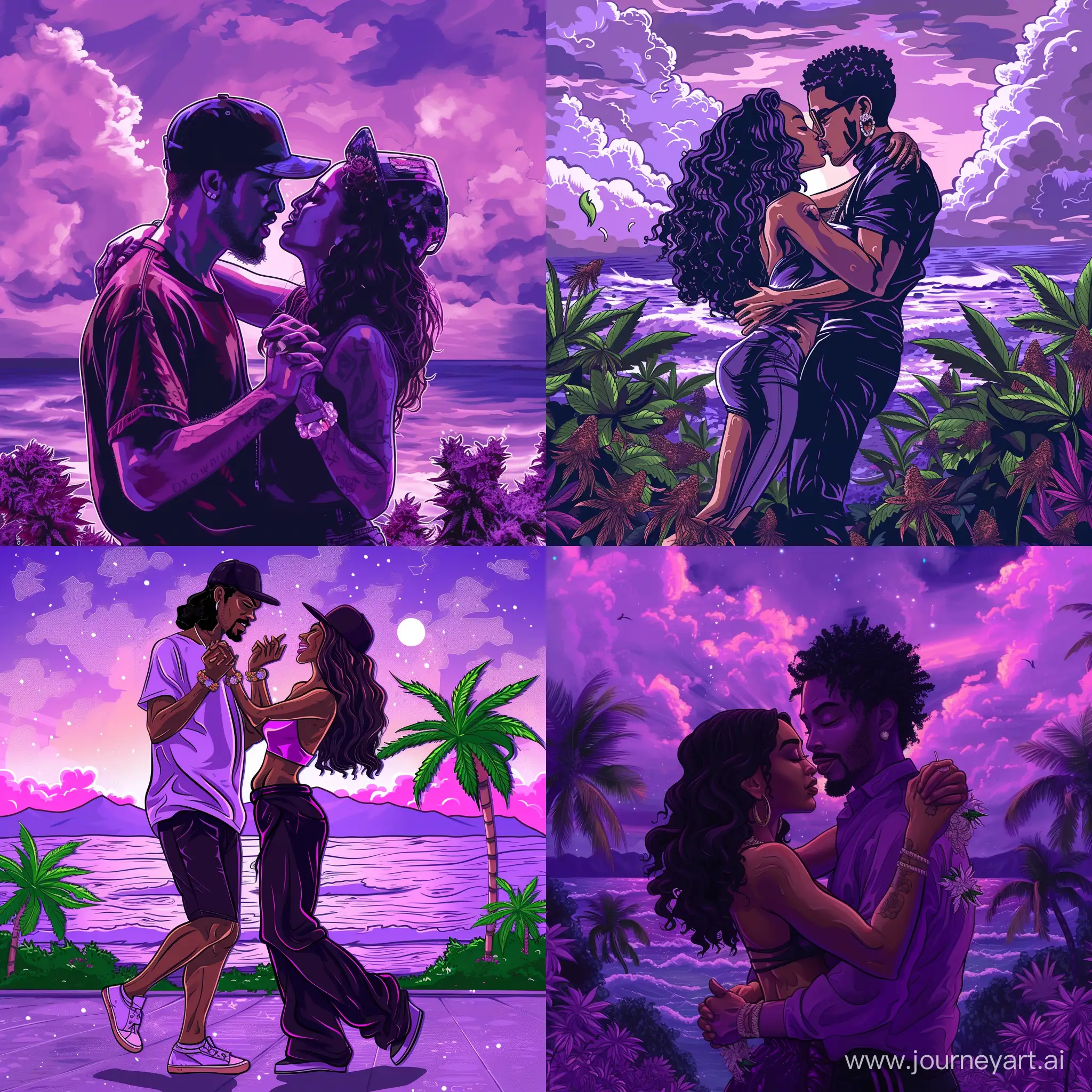 Dynamic-Dance-Party-by-a-Stylish-Couple-with-Purple-Sky-and-Sea-Background