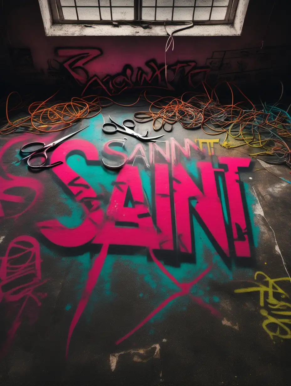 an old and  distressed concrete floor.  neon colored realistic graffiti that says "saint" . On the ground are some old pairs of scissors