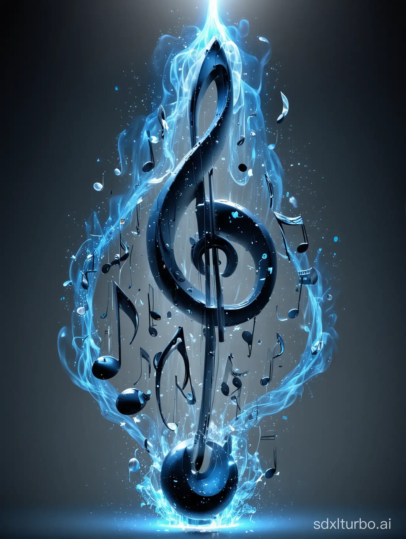 Musical jazz notes are floating around with blue flames eminating off the musical notes.