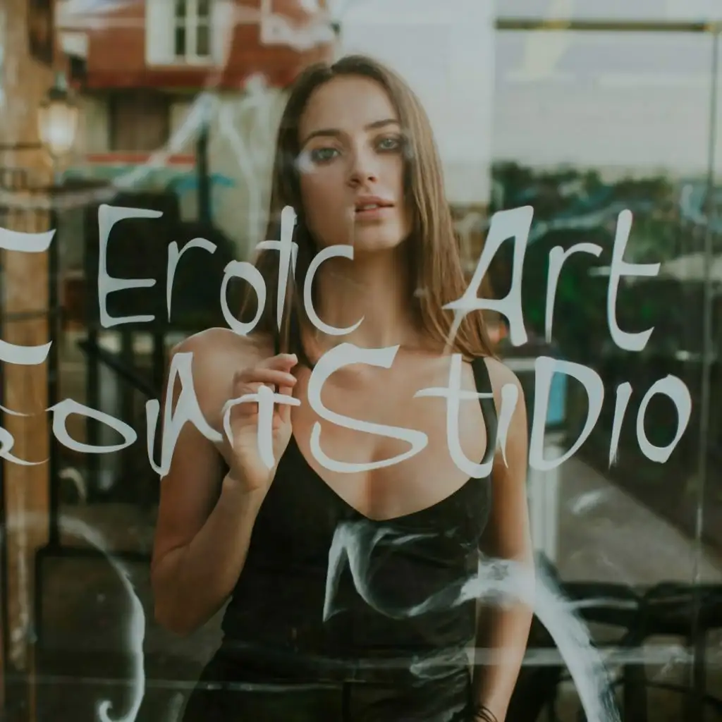 logo for website, text "Erotic Art Studio" on glass,photography, erotic, model behind the blurry glass , street graffiti, clear focus typography