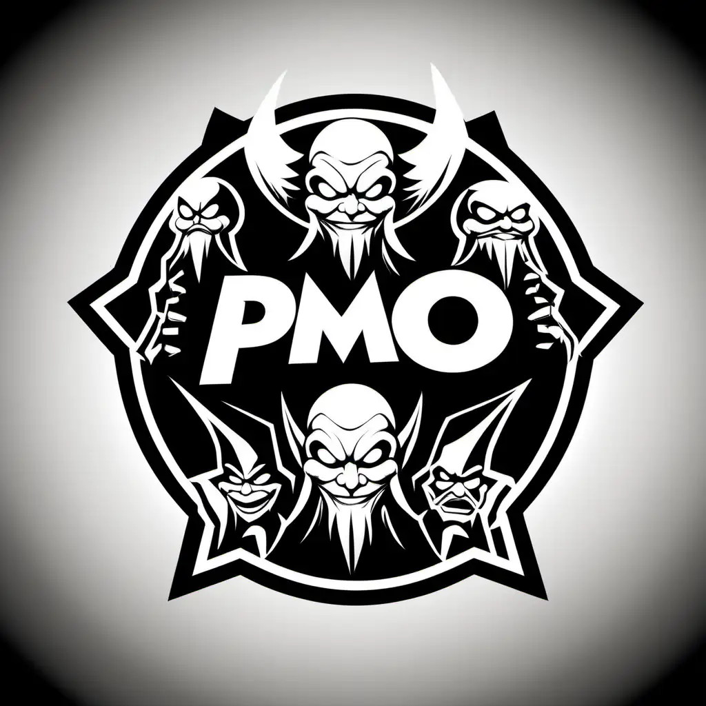 Black and white Stencil of evil toys holding a sign that reads PMO, logo, in the style of Jim Phillips, minimalist, simplicity, vector art, isolated on black background -v 5