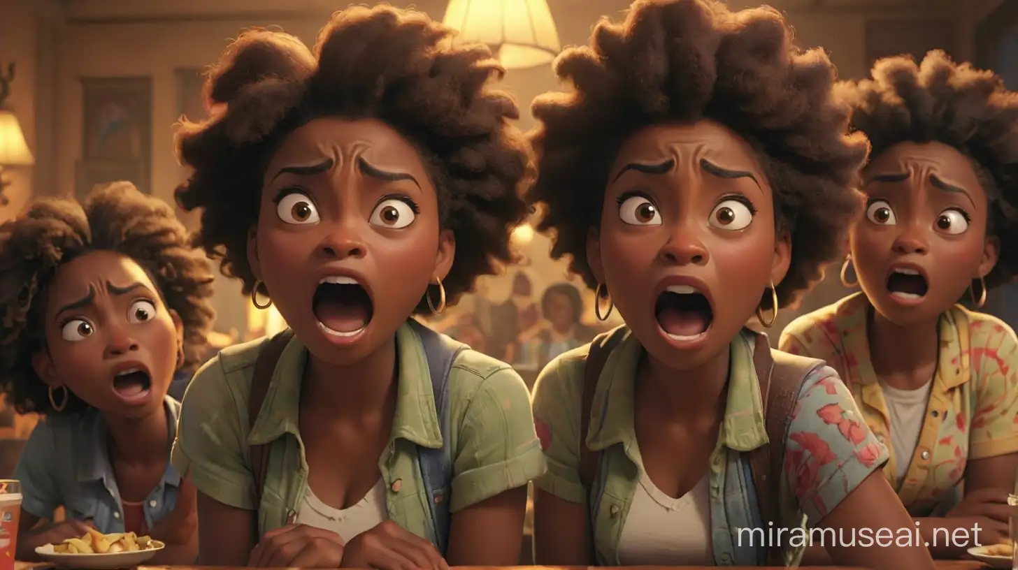 "In this tense scene, three African Americans  women. One of them has a bad temper and is mad at  her friends so she looks at them and yells.
Illumination, Disney-Pixar style illustration, 3-D animation, 4K