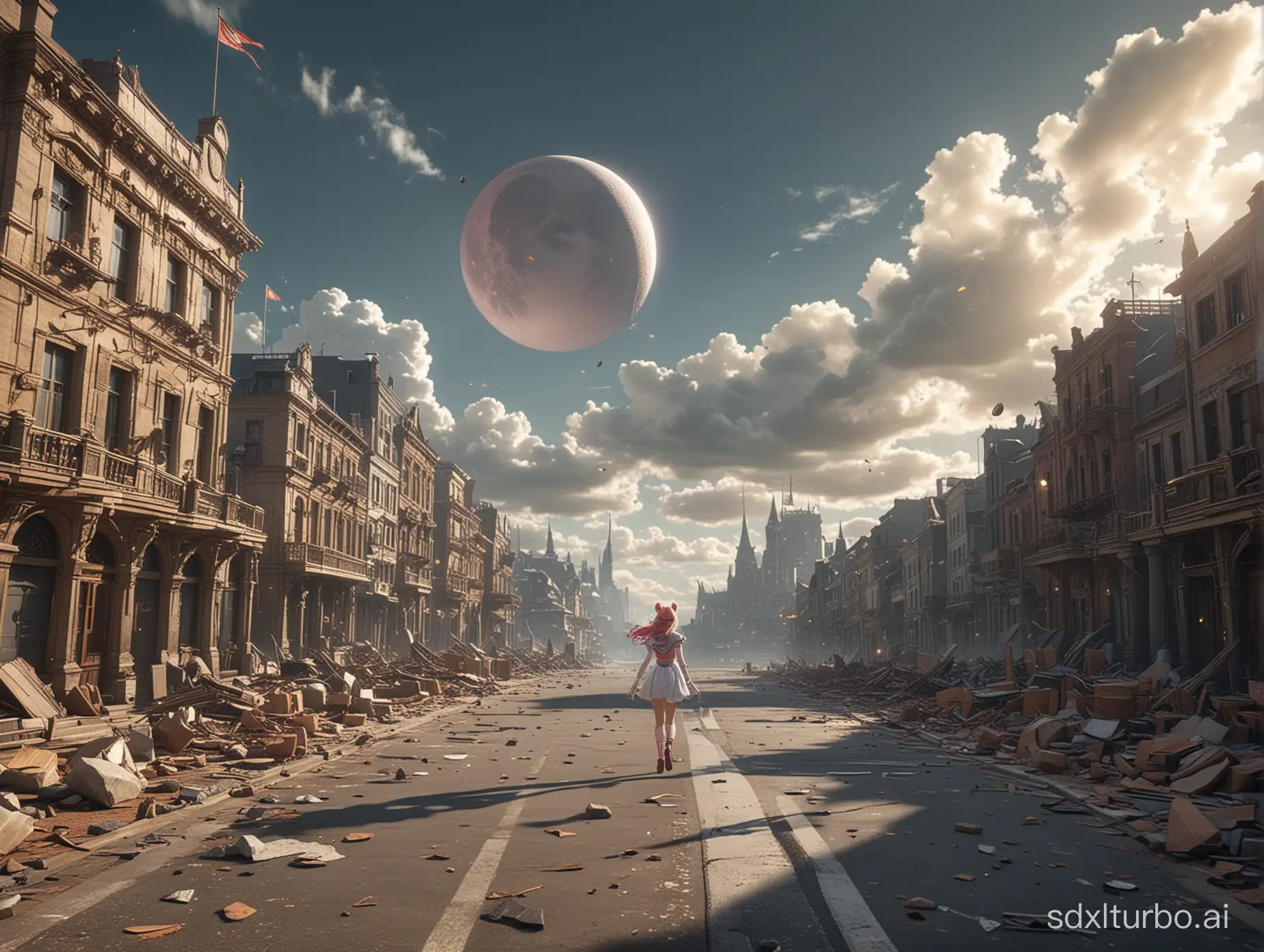 3D, V-Ray rendering, Surrealism, aerial photography, the fictional scene is rendered in ultra-high definition, emphasizing depth of field and intricate details. A giant Sailor Moon enters a town, destroying buildings, and people run away from the scene. Natural light, natural textures, depth of field, HDR