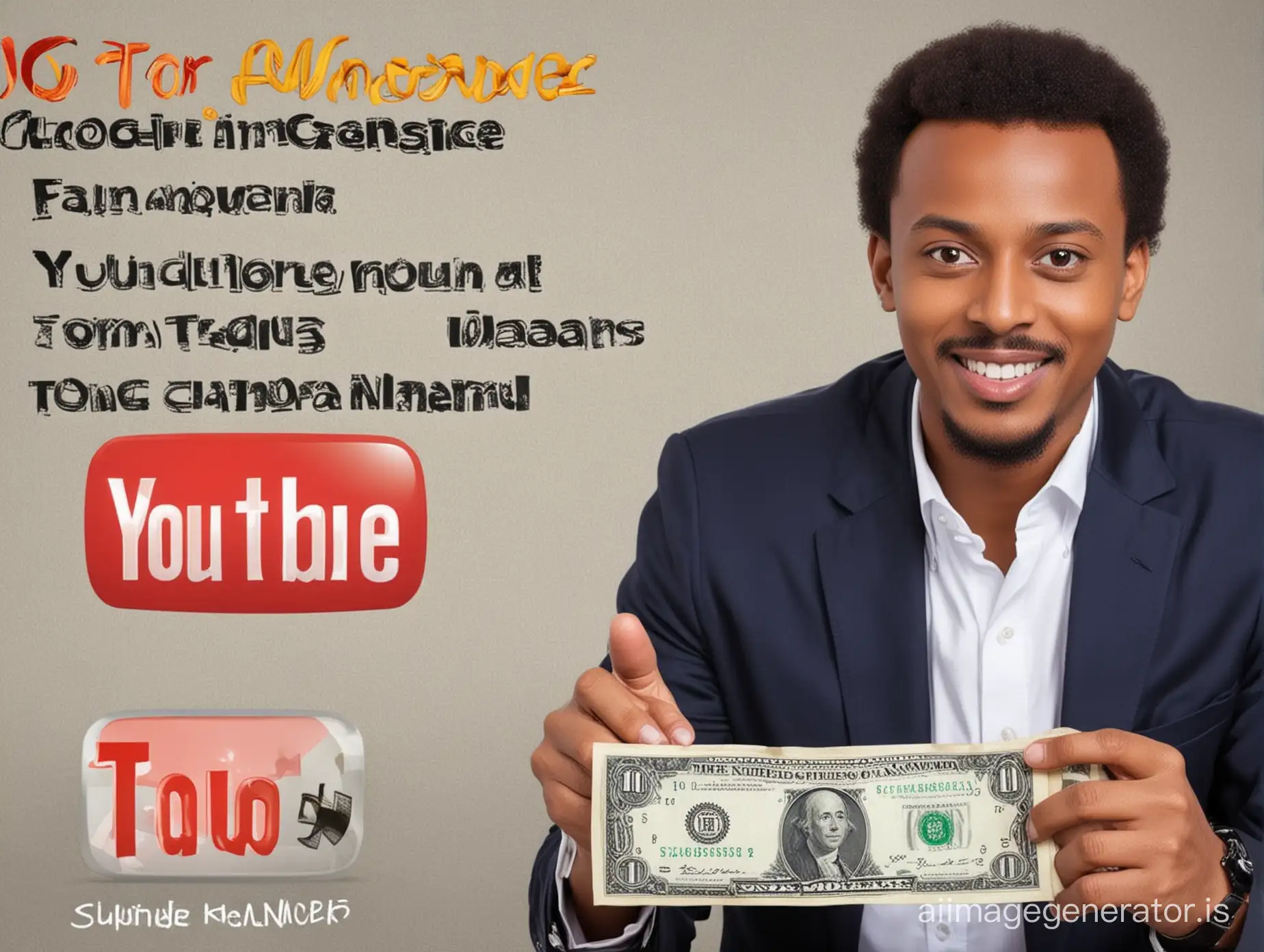 Creat an Ethiopian YouTube channel banner image that shows  generating online money from youtube and write the channel name which is TOM Money