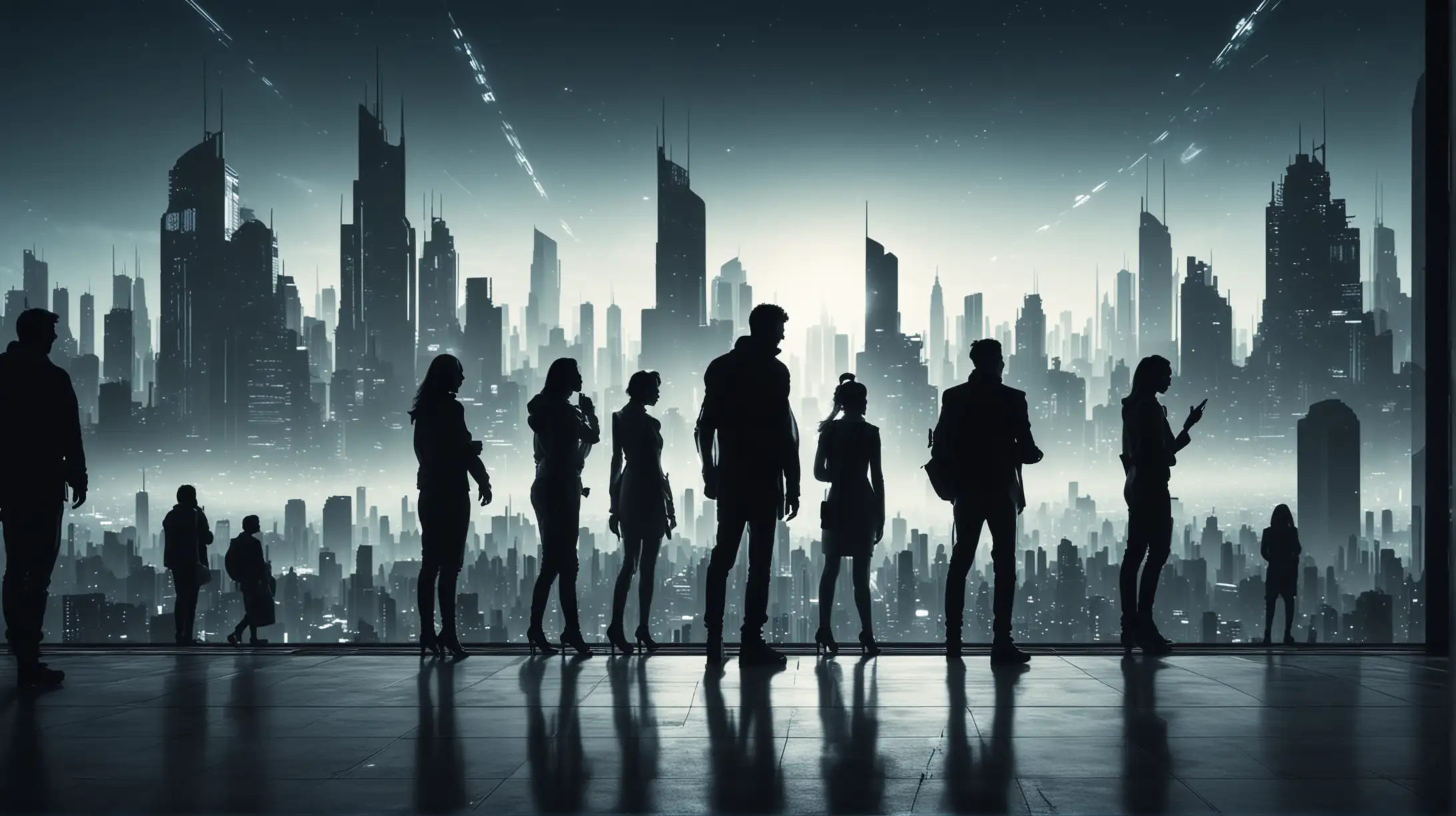 silhouette group of people in futuristic city