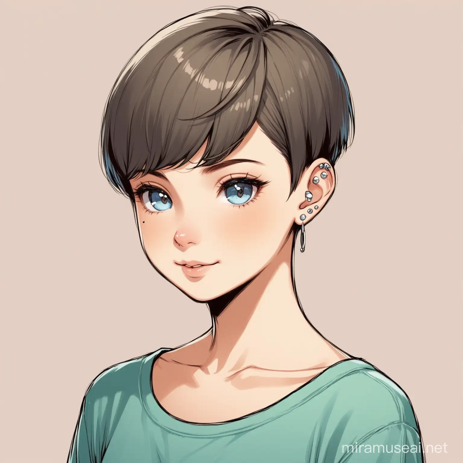 Rhea is a small human woman with a slender figure and mousey-brown hair that's cut short into a pixie cut. She has blue/grey eyes and three piercings in her right ear.